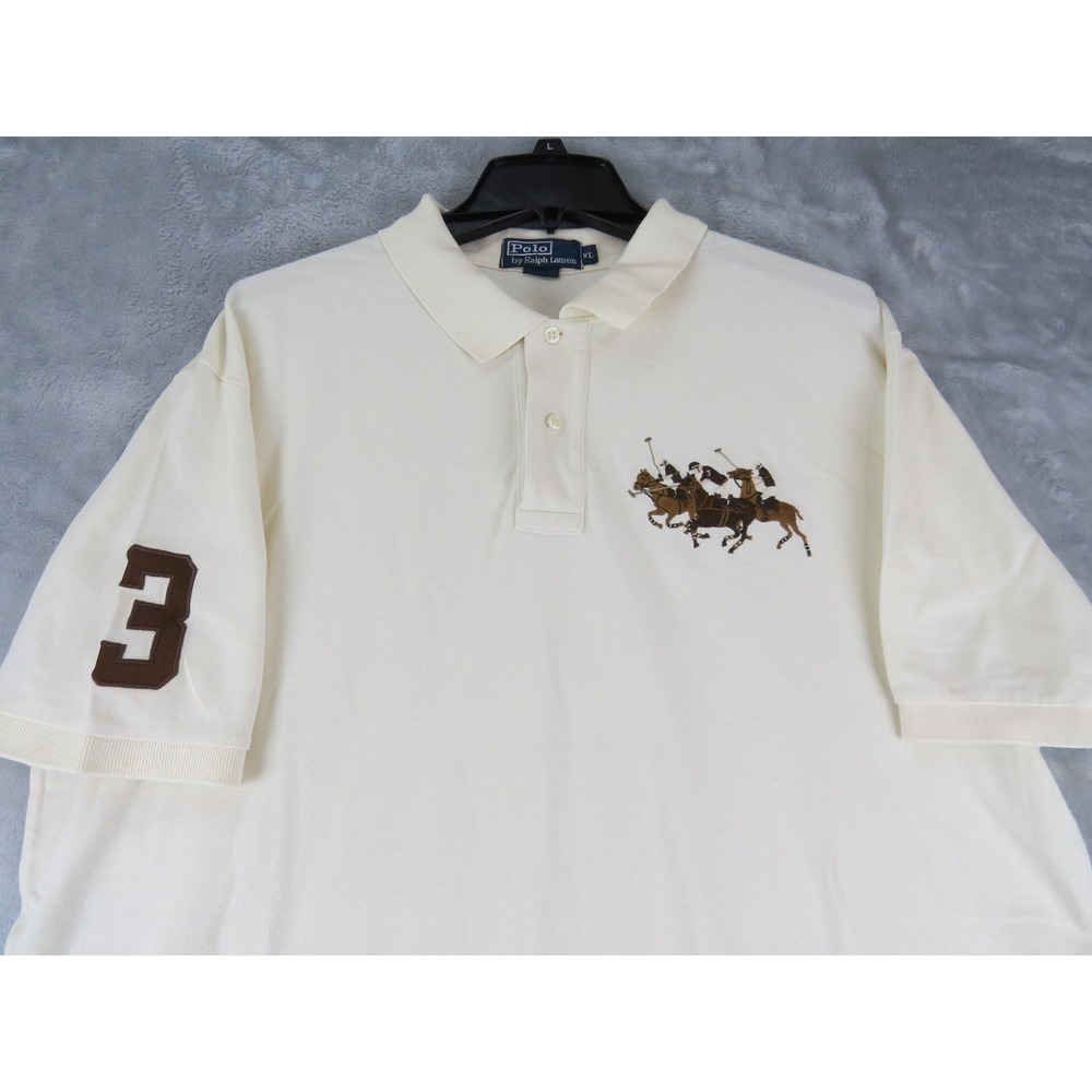 Polo‎ Ralph Lauren XL Big 3 Horsemen Embroidered Polo Shirt Cream Cotton Vintage - Picture 4 of 9